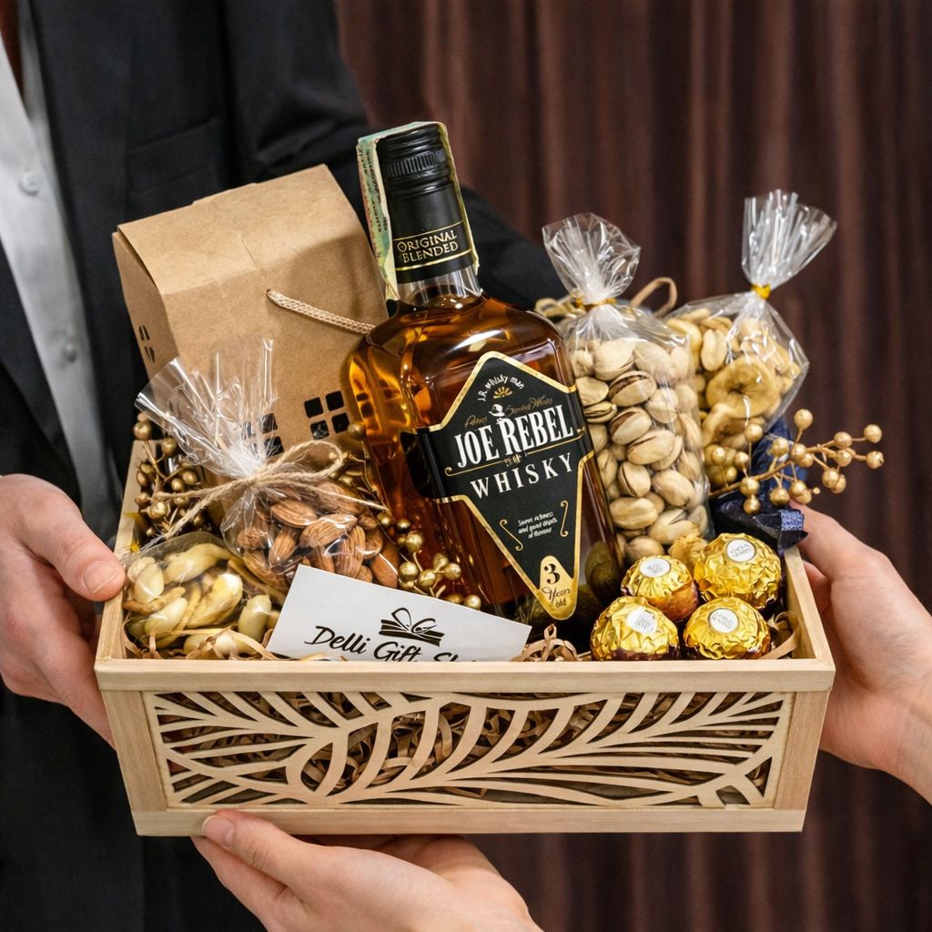 Cadou pentru Bărbați „Nr. 55” - Ladă Premium cu Whisky Joe Rebel, Nuci și Praline delligiftshop.md